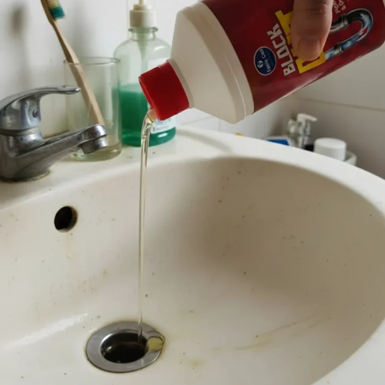 Image shown a person pouring block out drain cleaner inside a basin to cleaning the water pipeline